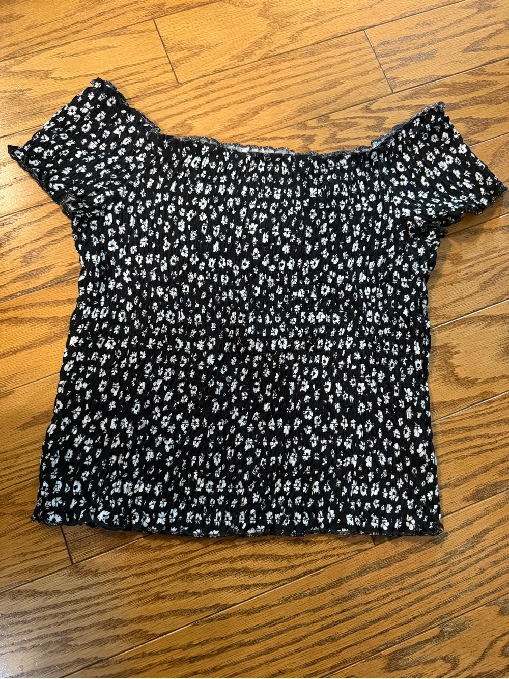 Black Smocked Off-Shoulder Top with White Floral Print